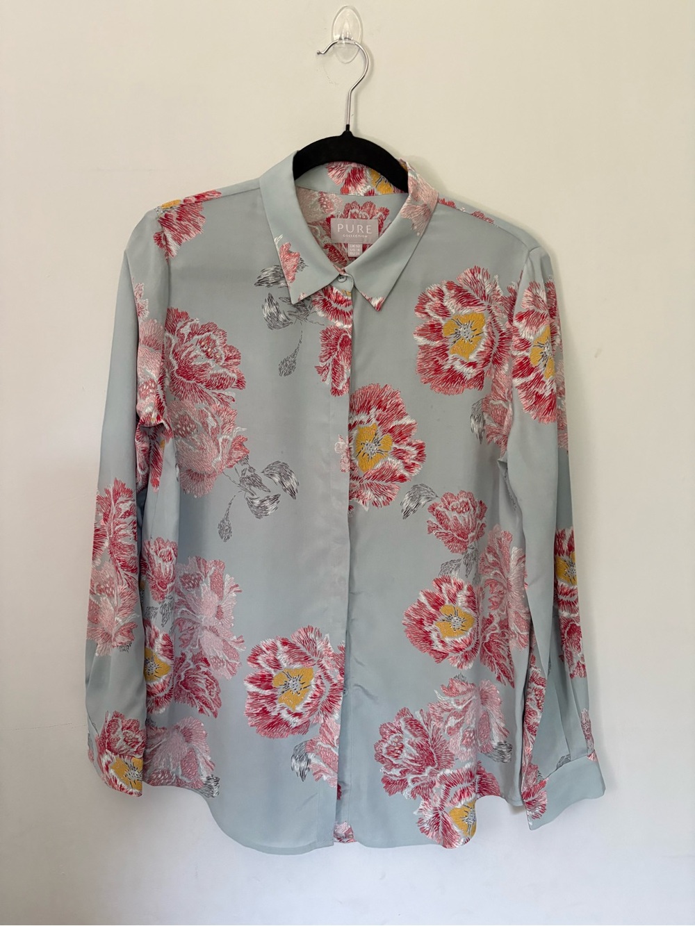 Pure Collection 100% Silk Floral Blouse light Blue Pink & Yellow, sz 4
